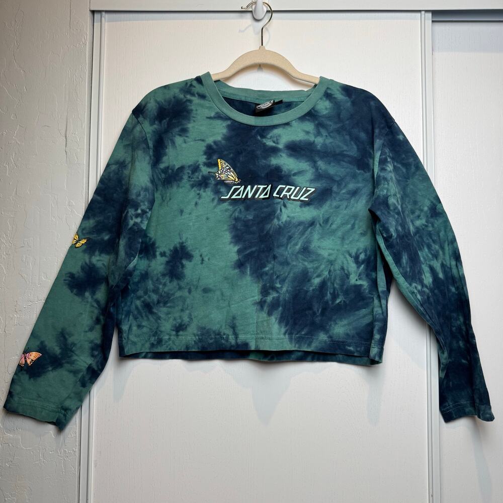 Santa Cruz Scattered Butterfly Blue Teal Color Tie Dye Crop Long Sleeve Shirt